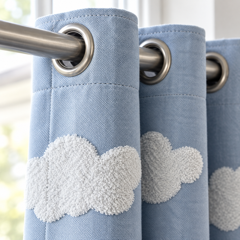 Rideau tamisant bleu doux à nuages brodés en relief – détail des finitions