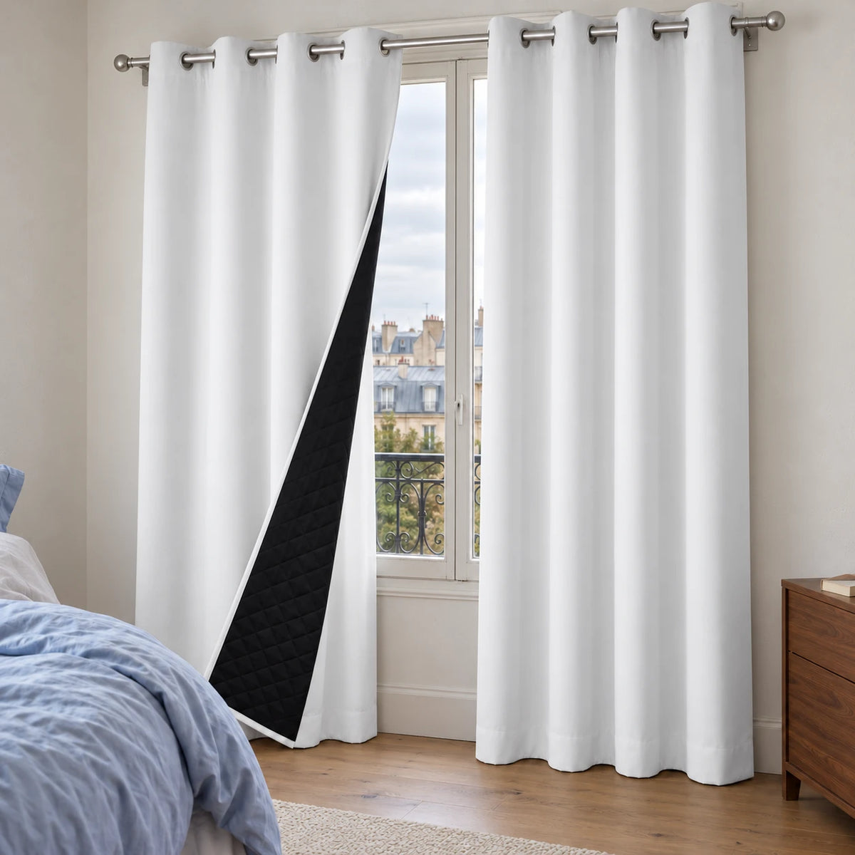 Rideau thermique blanc à œillets dans une chambre, avec le revers noir matelassé visible.