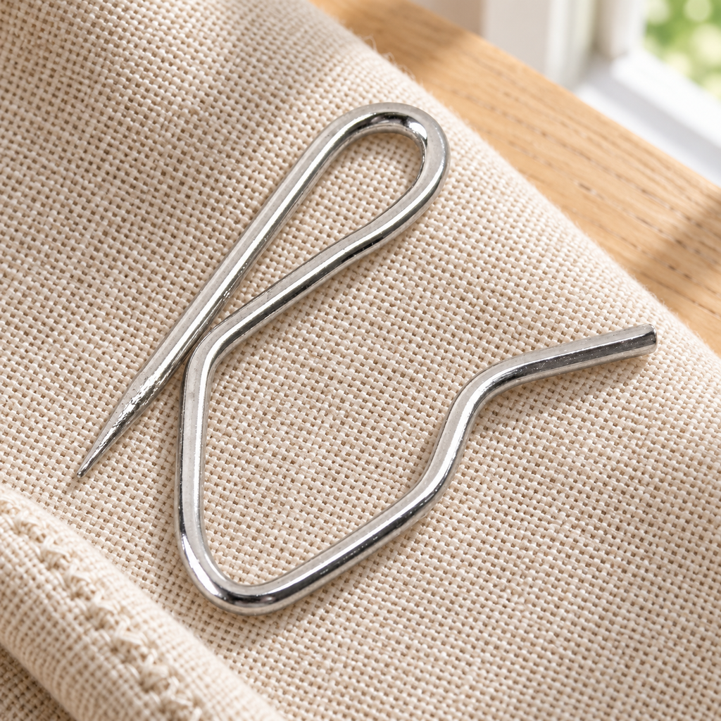 Épingles-crochets pour rideaux en métal argenté – 34 mm – détail des finitions