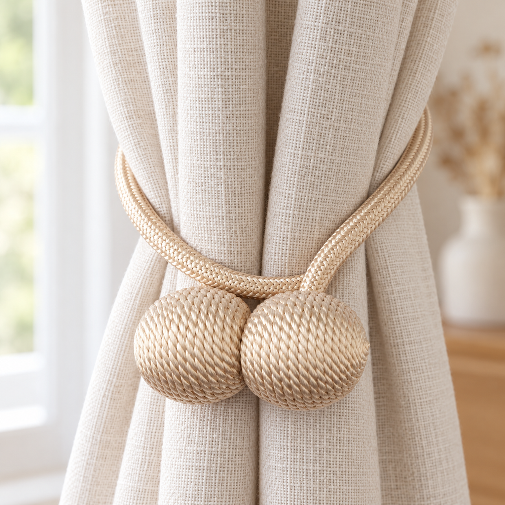 Embrasse aimantée à boules texturées, cordon 42 cm – à l'unité ou par 2 – seconde mise en situation