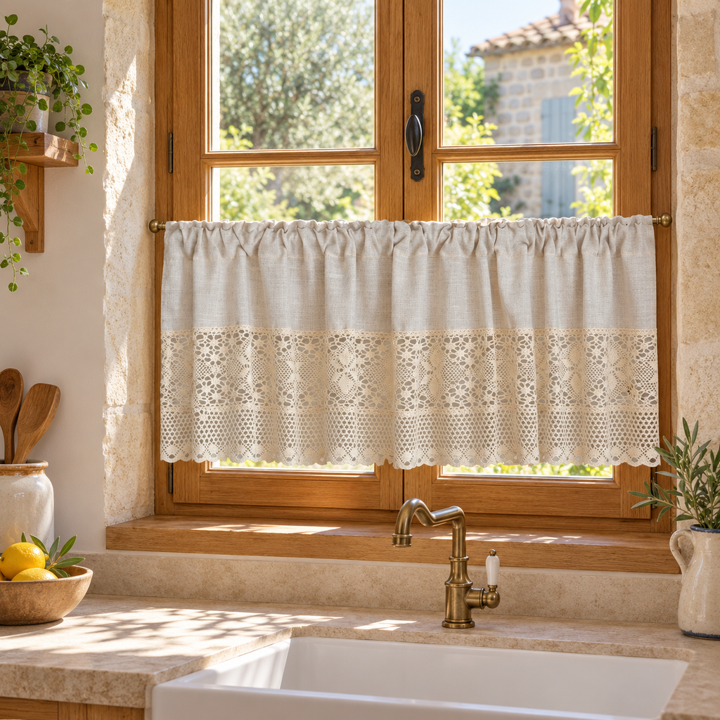 Brise-bise beige à bande de dentelle crochet – vue principale en décor