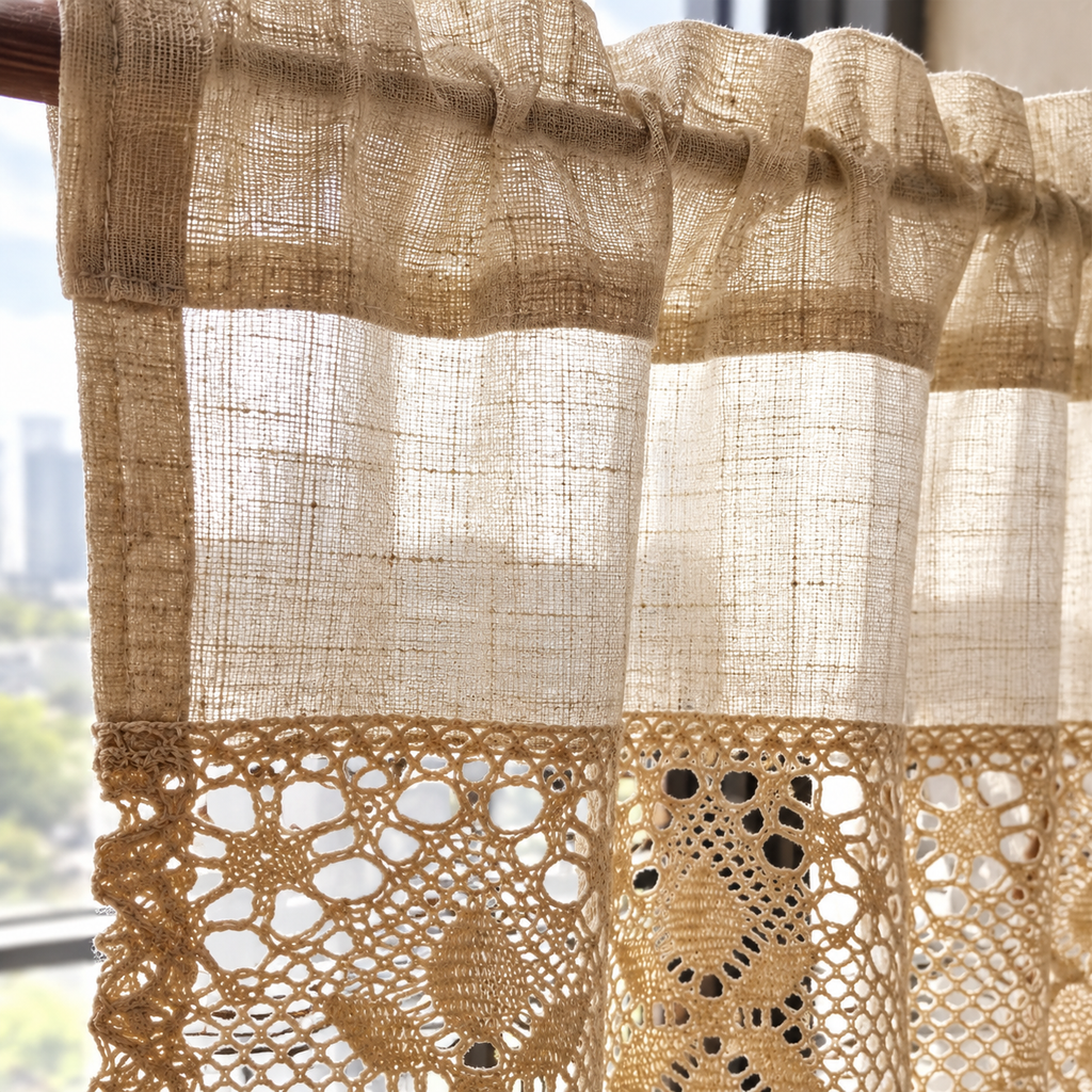 Brise-bise beige à bande de dentelle crochet – détail des finitions