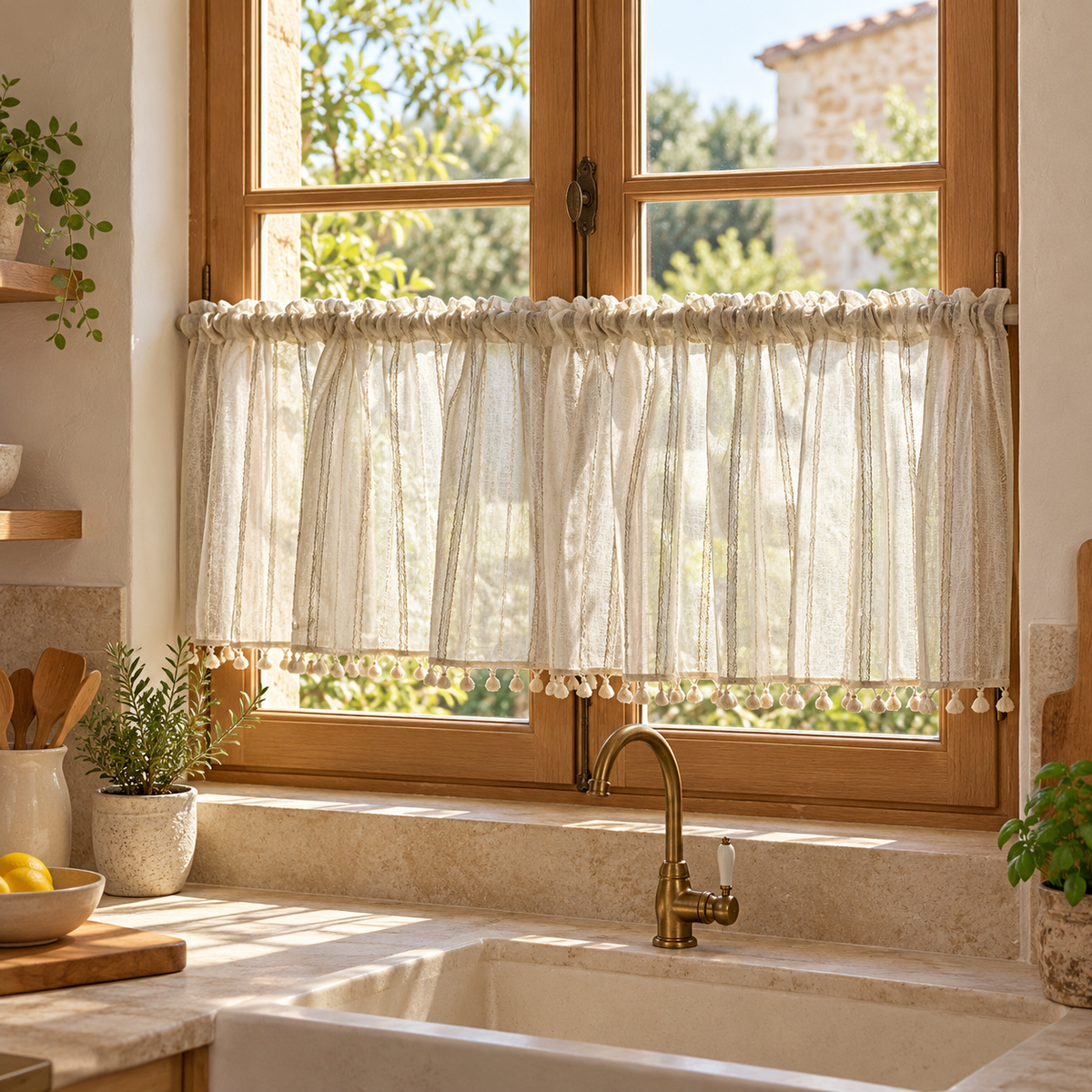 Brise-bise beige à rayures brodées, base tulle et pompons – vue principale en décor