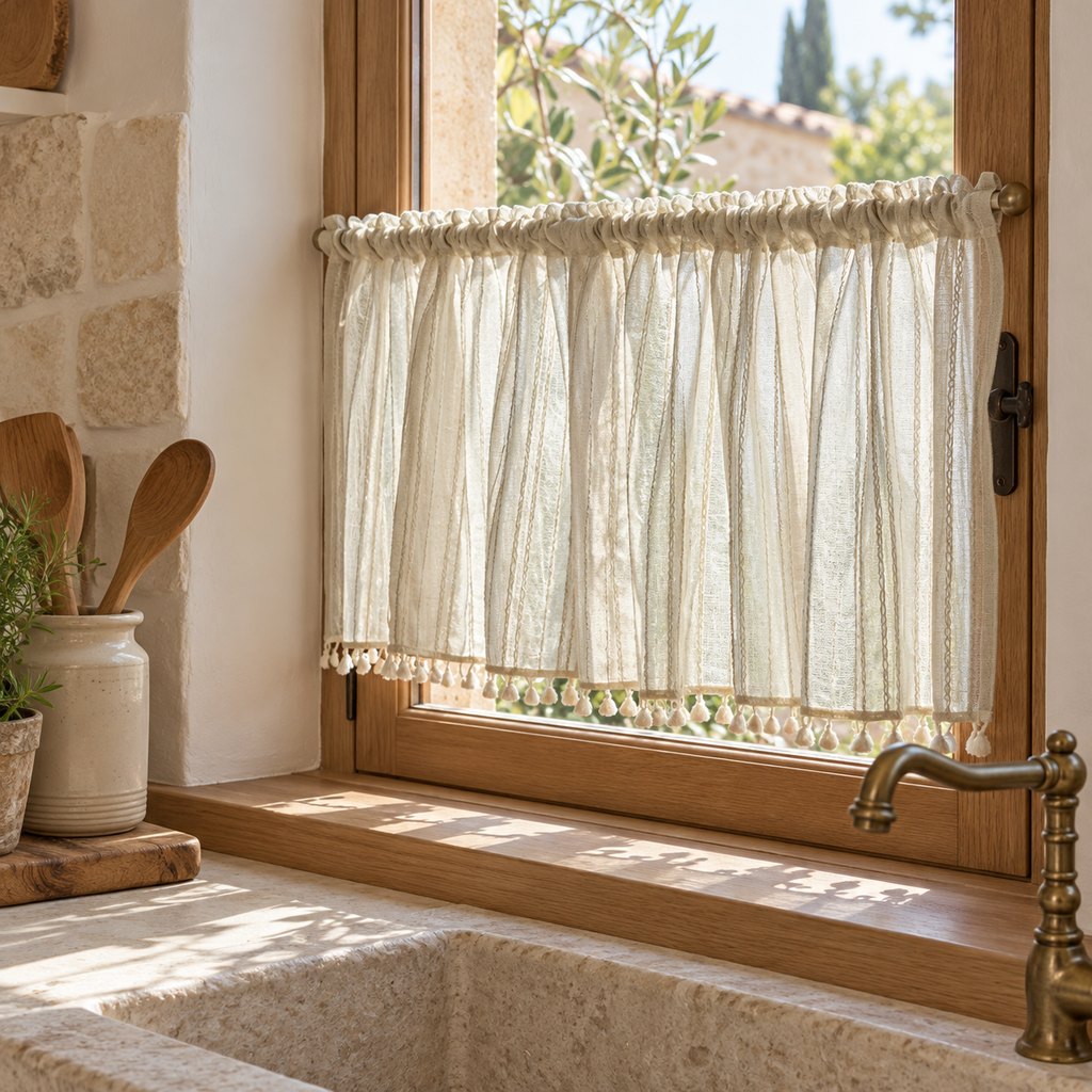 Brise-bise beige à rayures brodées, base tulle et pompons – seconde mise en situation