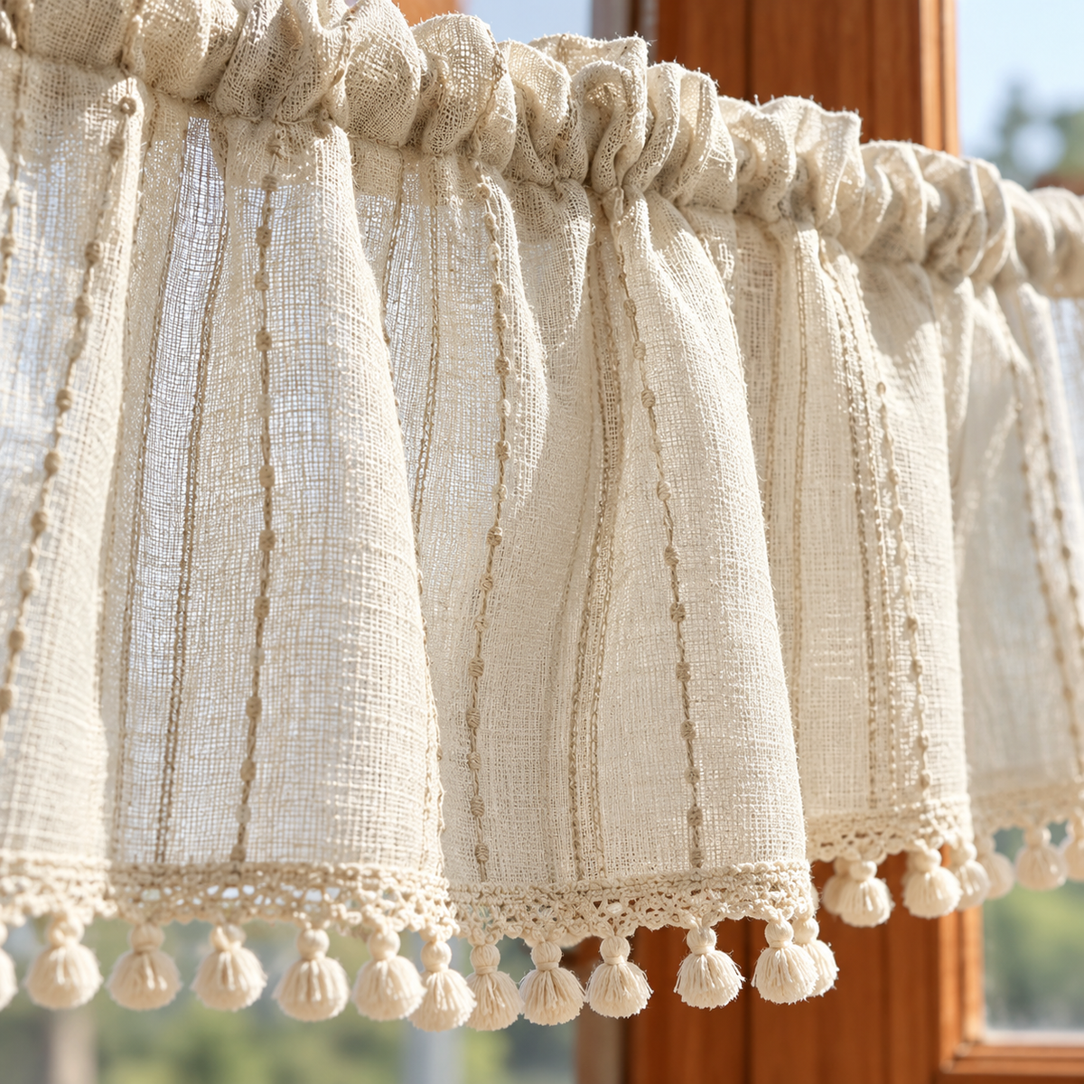 Brise-bise beige à rayures brodées, base tulle et pompons – détail des finitions