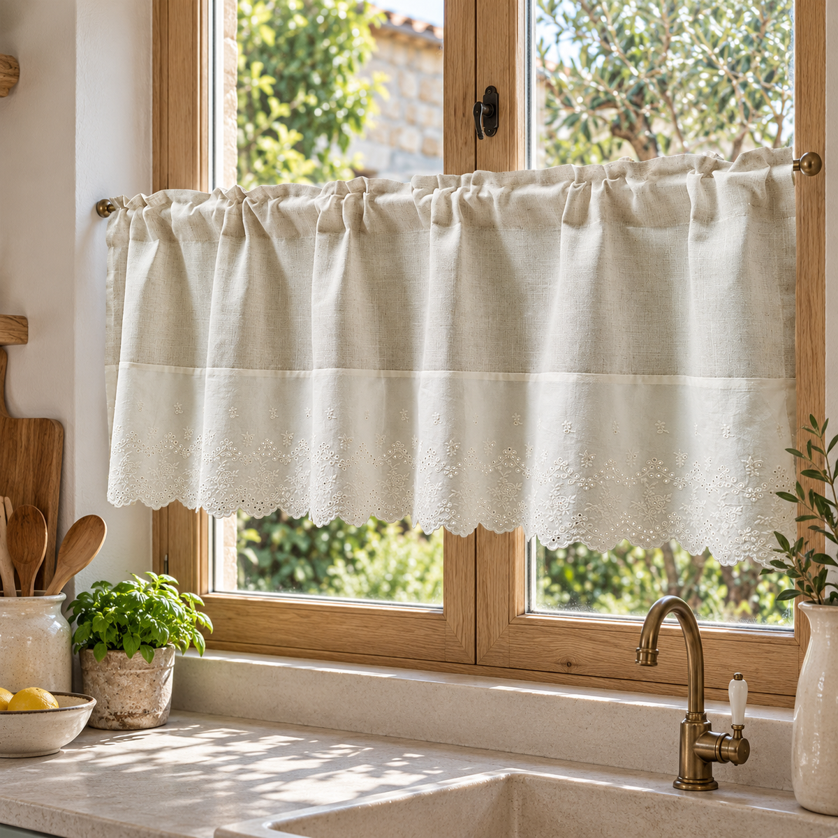 Brise-bise beige effet lin à bordure dentelle sur une fenêtre de cuisine