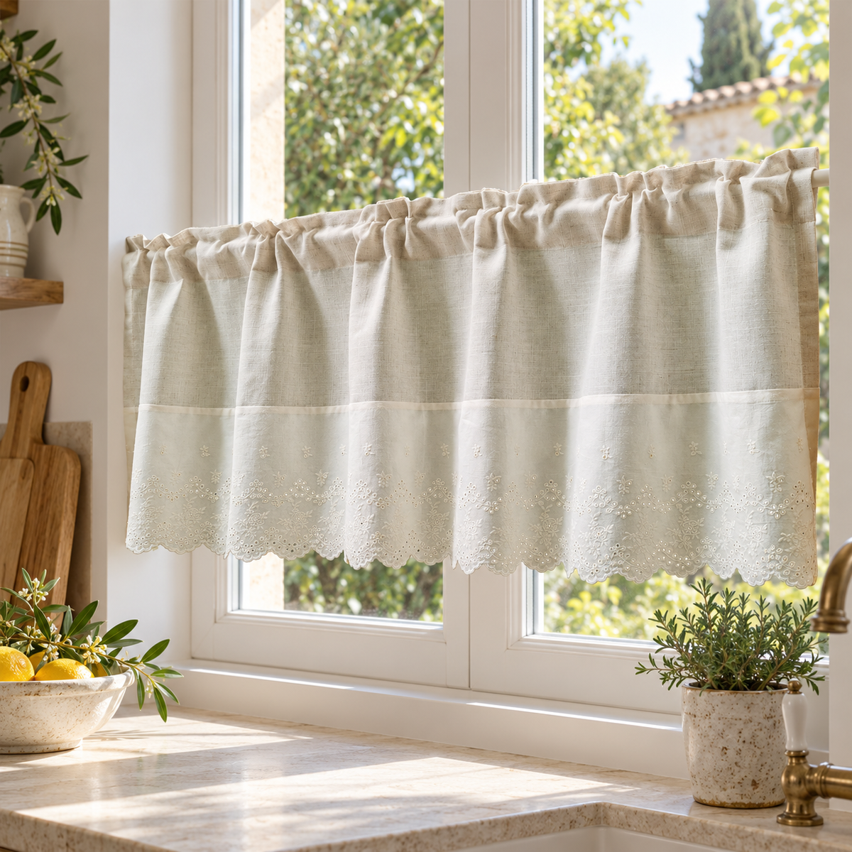 Brise-bise effet lin beige à bordure dentelle – seconde mise en situation
