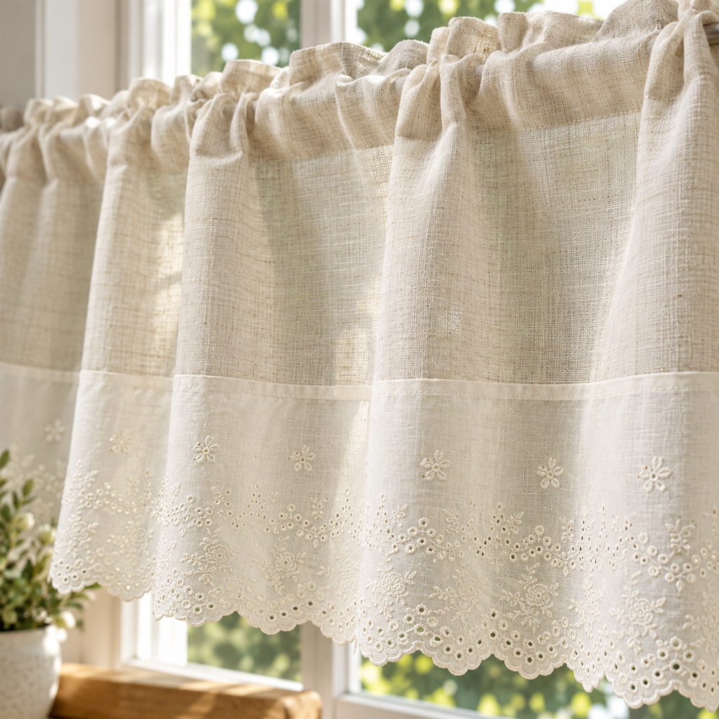 Brise-bise effet lin beige à bordure dentelle – détail du tissu et de la dentelle