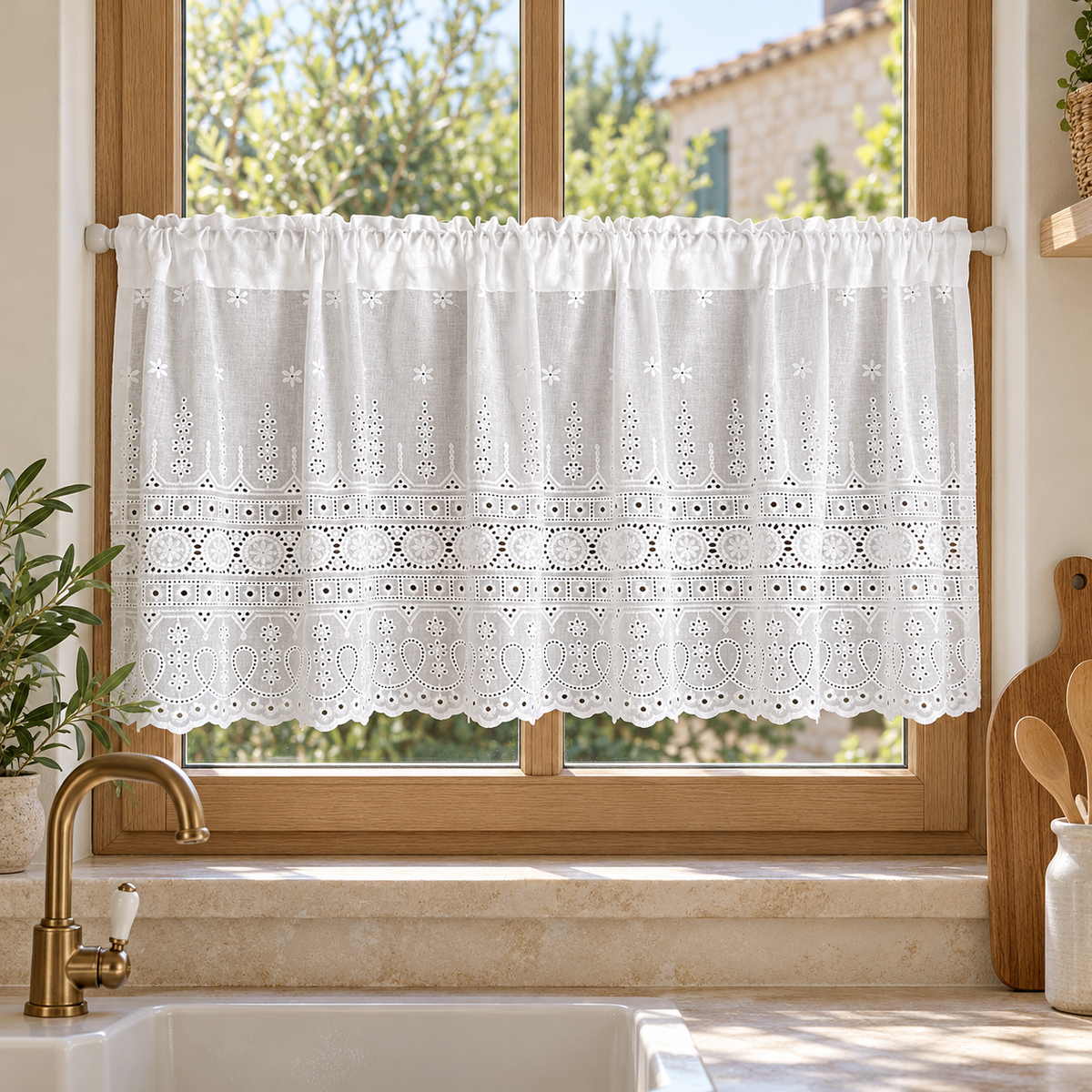 Brise-bise blanc à broderie ajourée florale – vue principale en cuisine