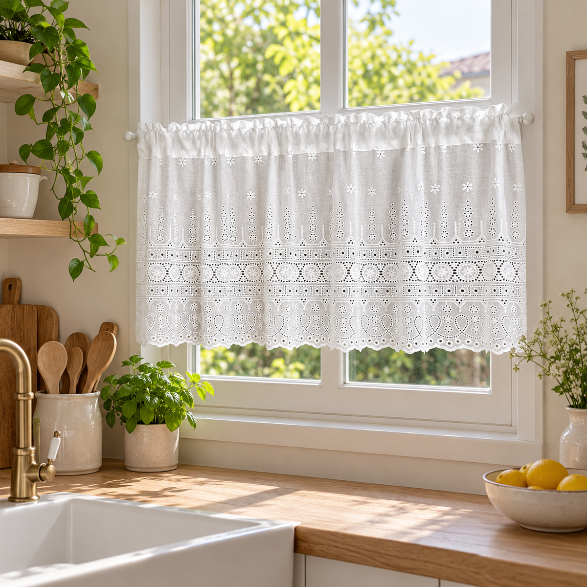Brise-bise blanc à broderie ajourée florale – vue de trois-quarts