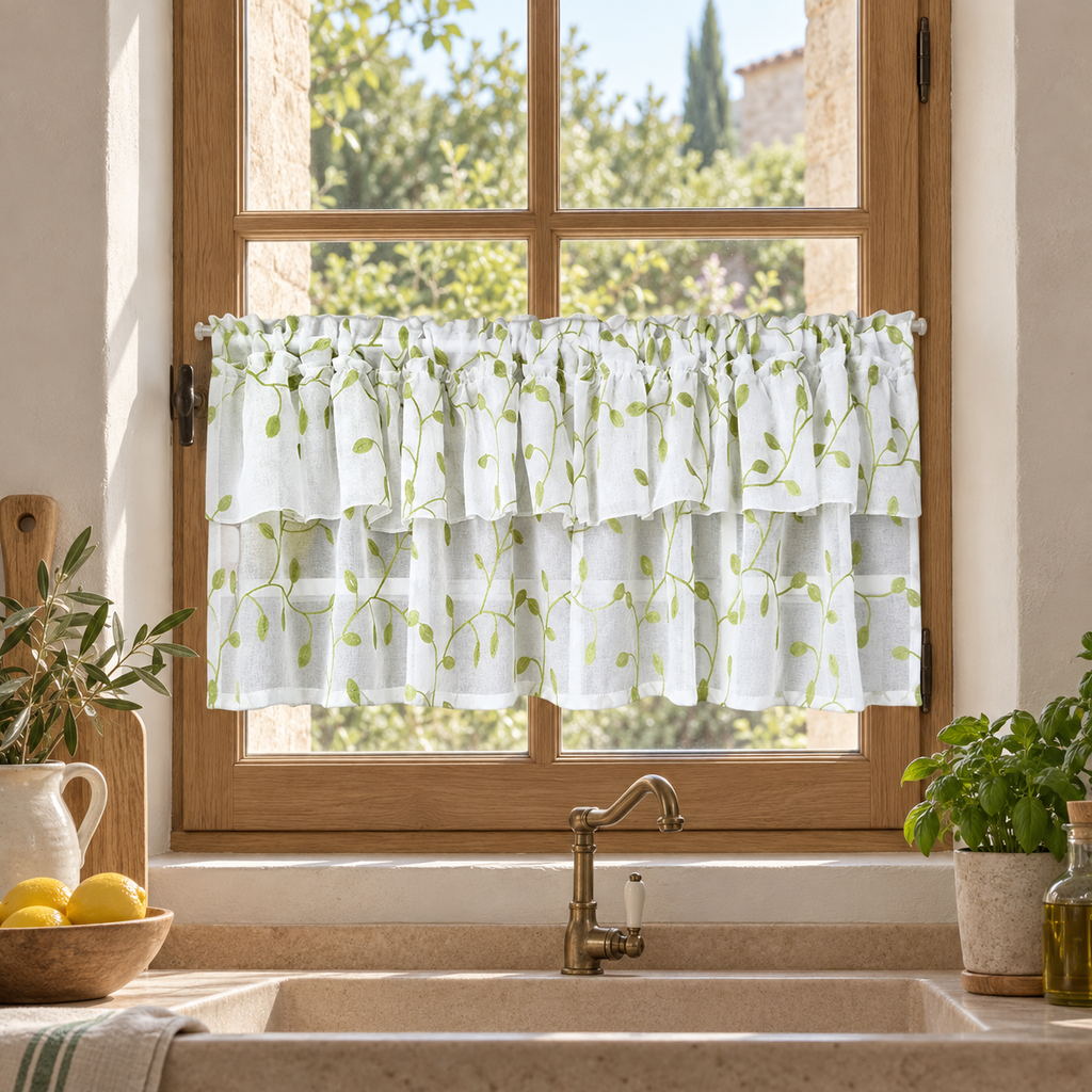 Brise-bise voile blanc brodé de feuillage vert – vue principale en décor