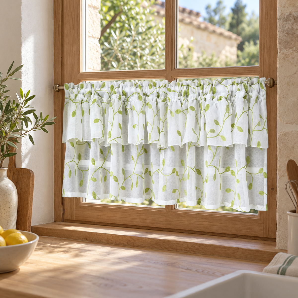 Brise-bise voile blanc brodé de feuillage vert – seconde mise en situation