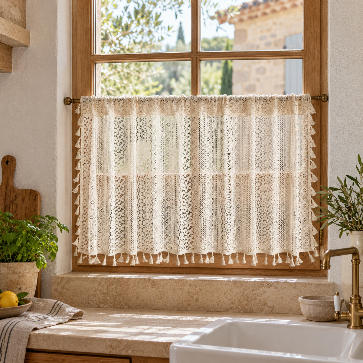 Brise-bise dentelle crochet beige à pompons – vue principale en décor