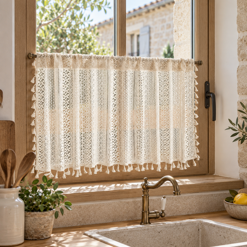 Brise-bise dentelle crochet beige à pompons – seconde mise en situation