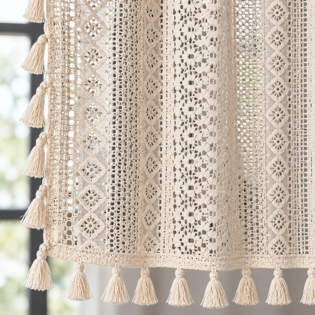 Brise-bise dentelle crochet beige à pompons – détail des finitions