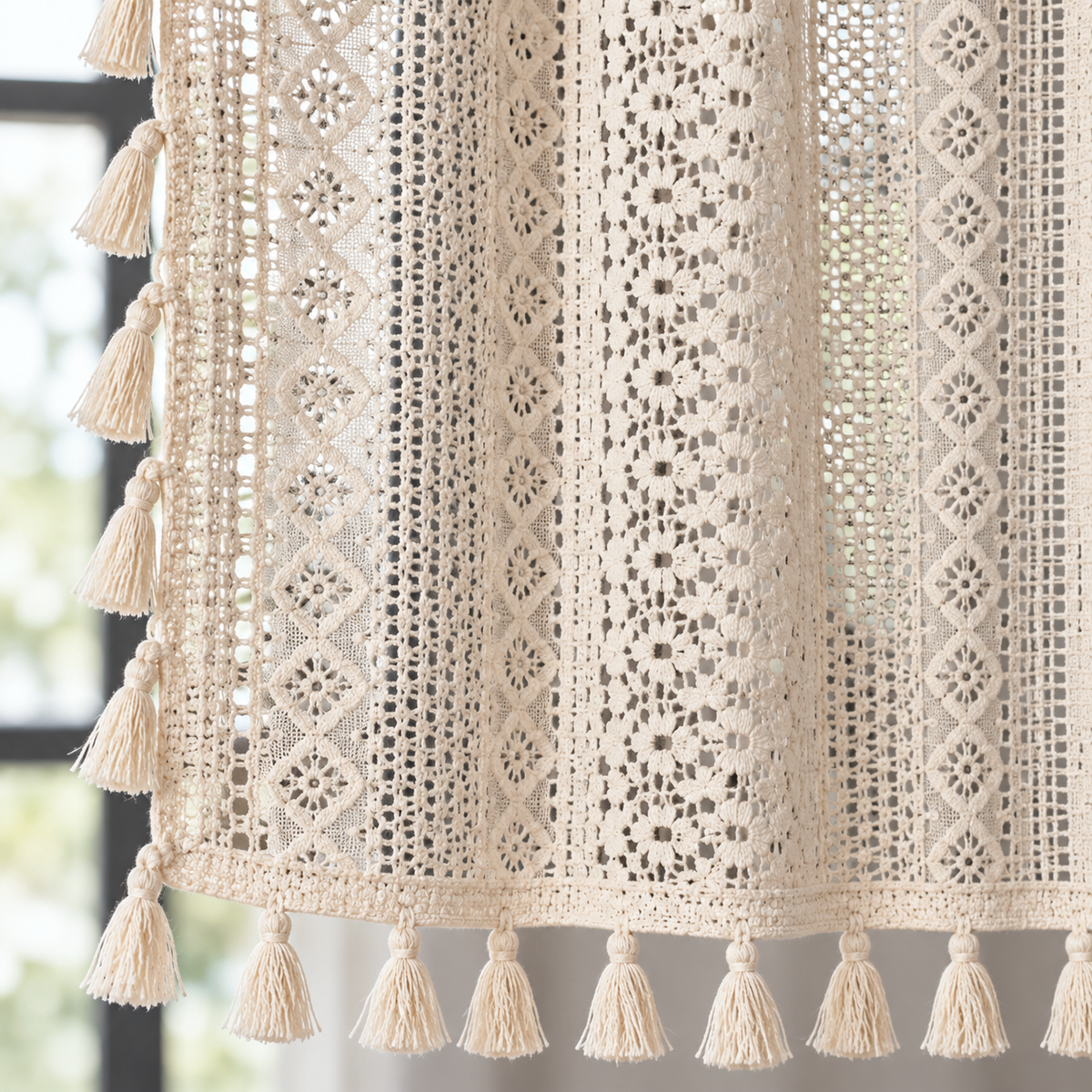 Brise-bise dentelle crochet beige à pompons – détail des finitions