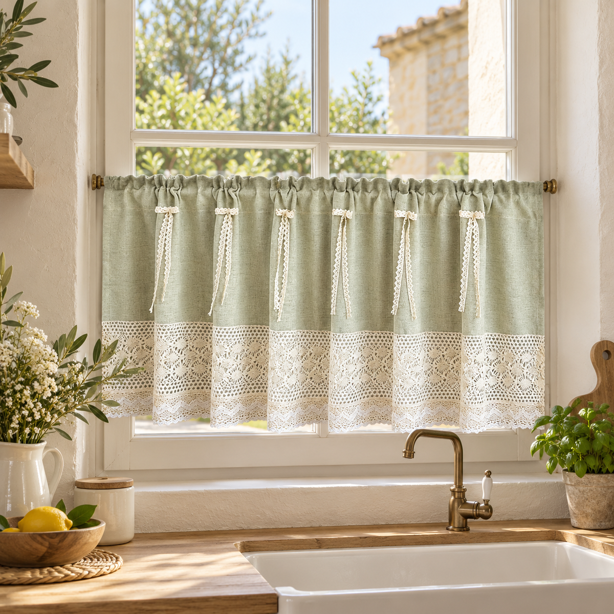 Brise-bise vert sauge à bordure dentelle et nœuds – vue principale en décor