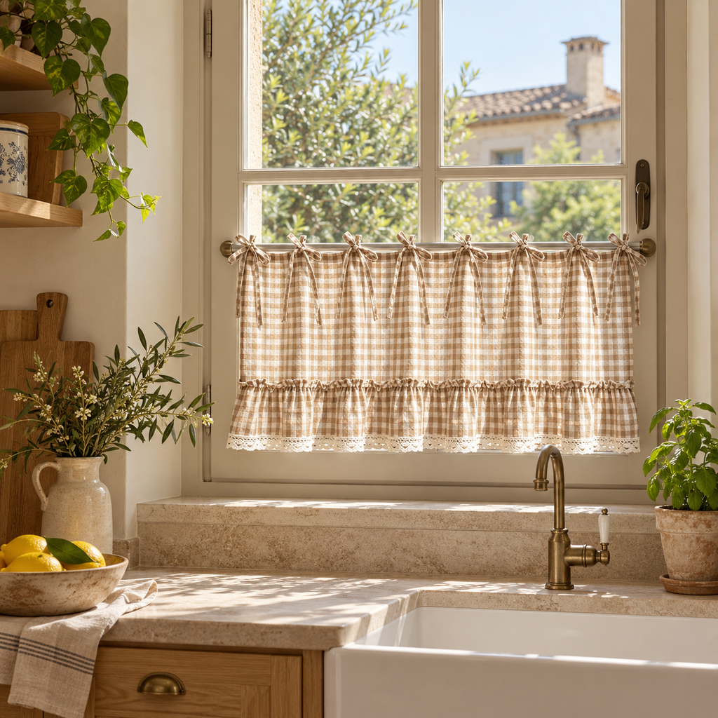 Brise-bise vichy beige à volant et attaches à nouer – vue principale en décor