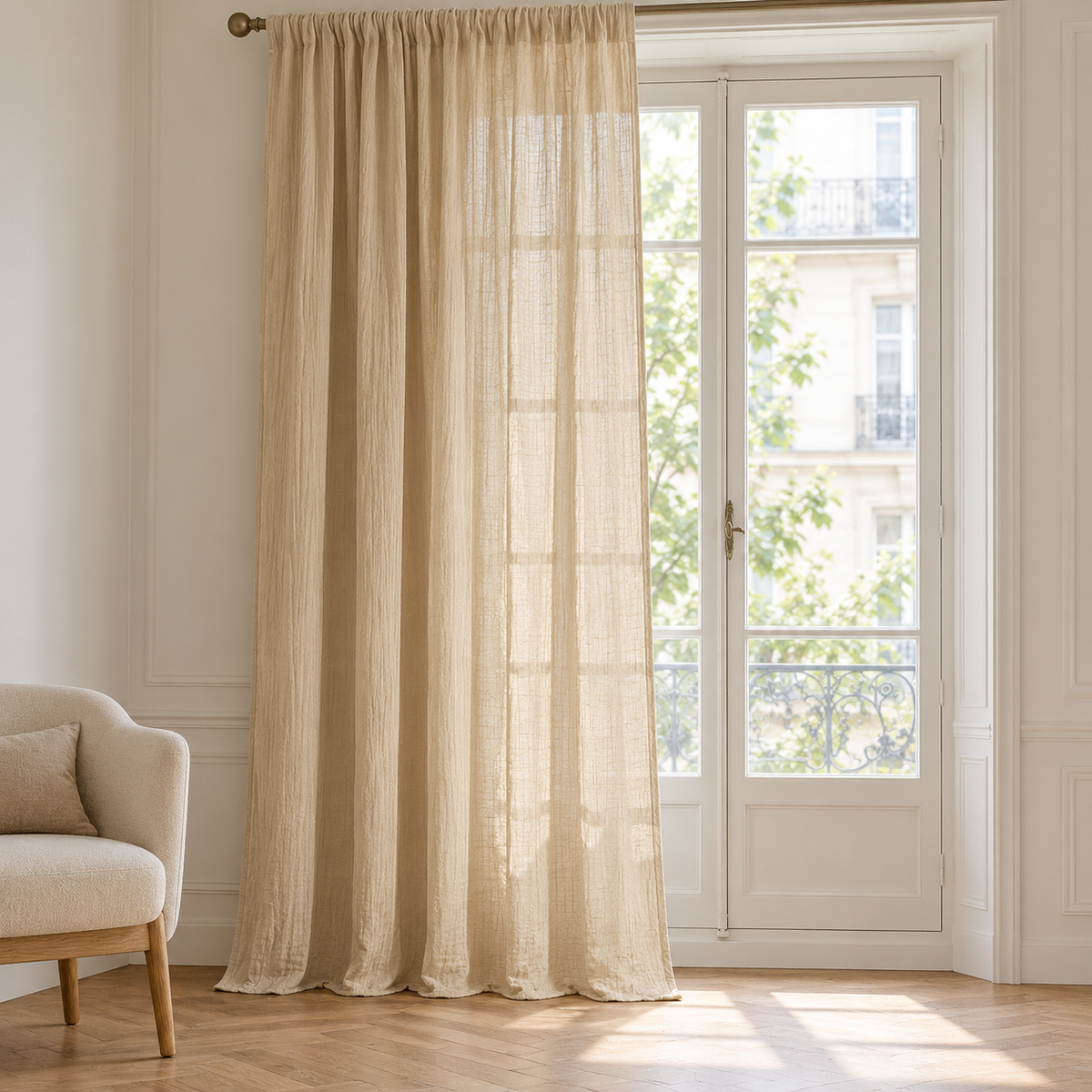 Rideau en double gaze de coton froissée – Beige – mise en situation