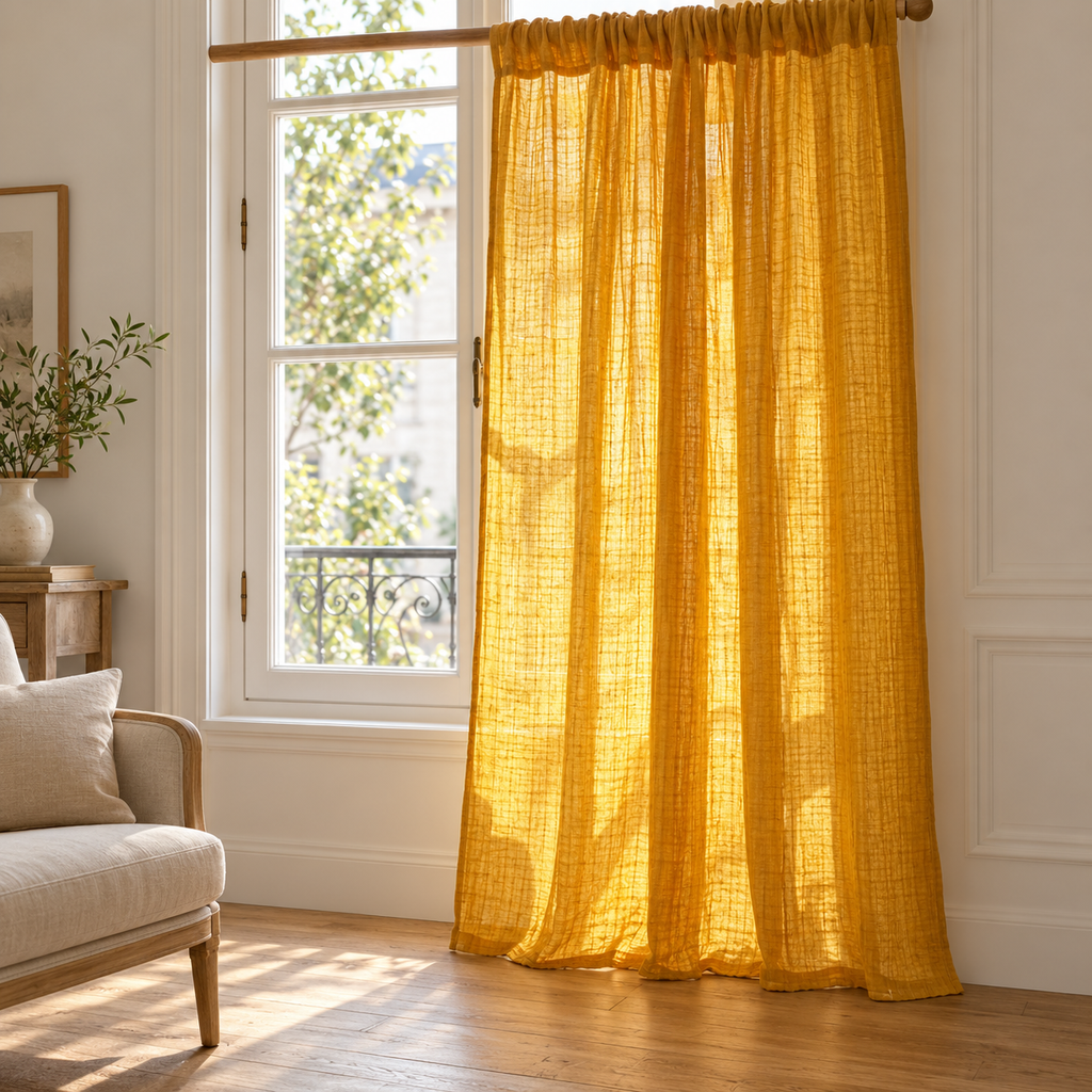 Rideau en double gaze de coton froissée – Ocre doré – mise en situation