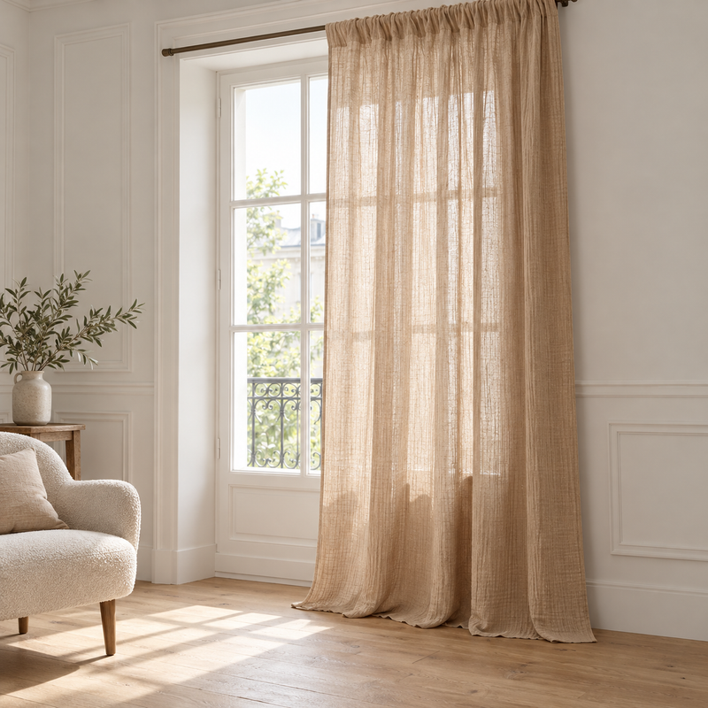 Rideau en double gaze de coton froissée – Taupe clair – mise en situation