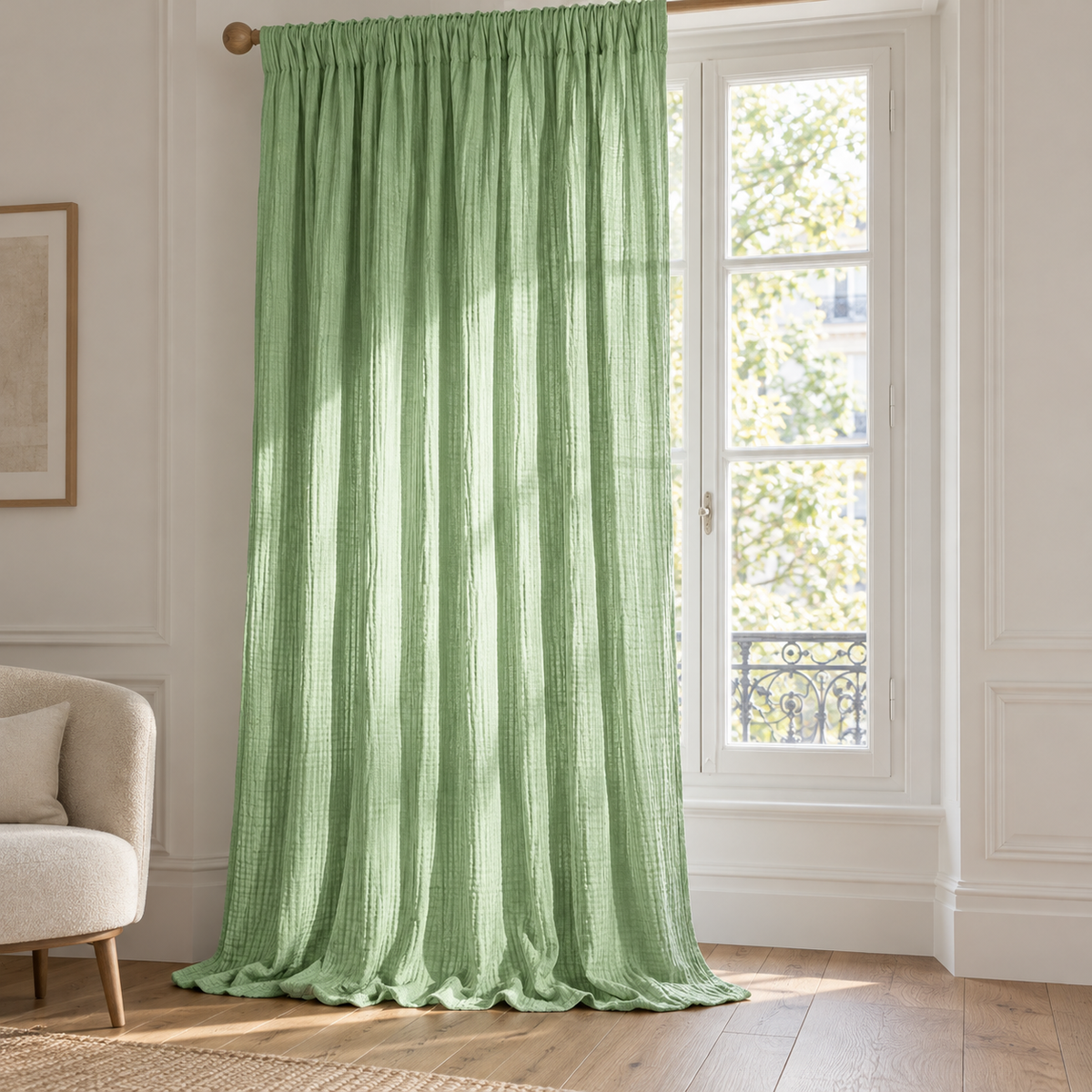 Rideau en double gaze de coton froissée – Vert sauge – mise en situation