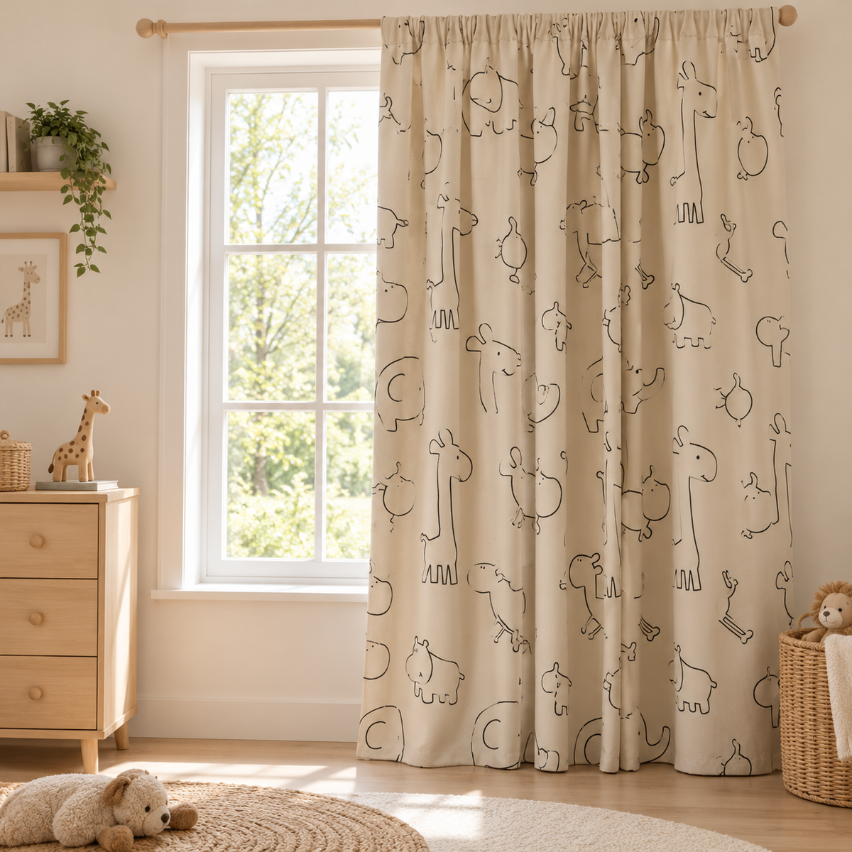 Rideau enfant brodé animaux de la savane au trait – rideau beige ou voilage – vue principale en décor