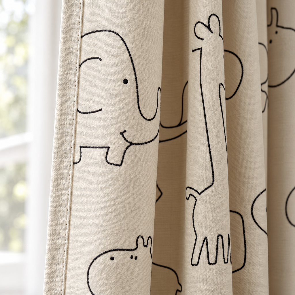 Rideau enfant brodé animaux de la savane au trait – rideau beige ou voilage – détail des finitions
