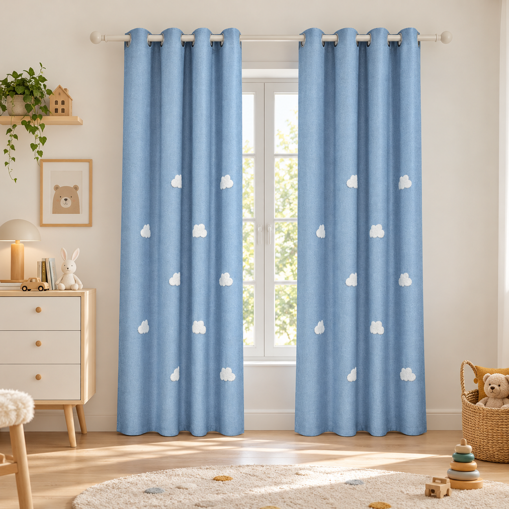 Rideau tamisant bleu doux à nuages brodés en relief – vue principale en décor