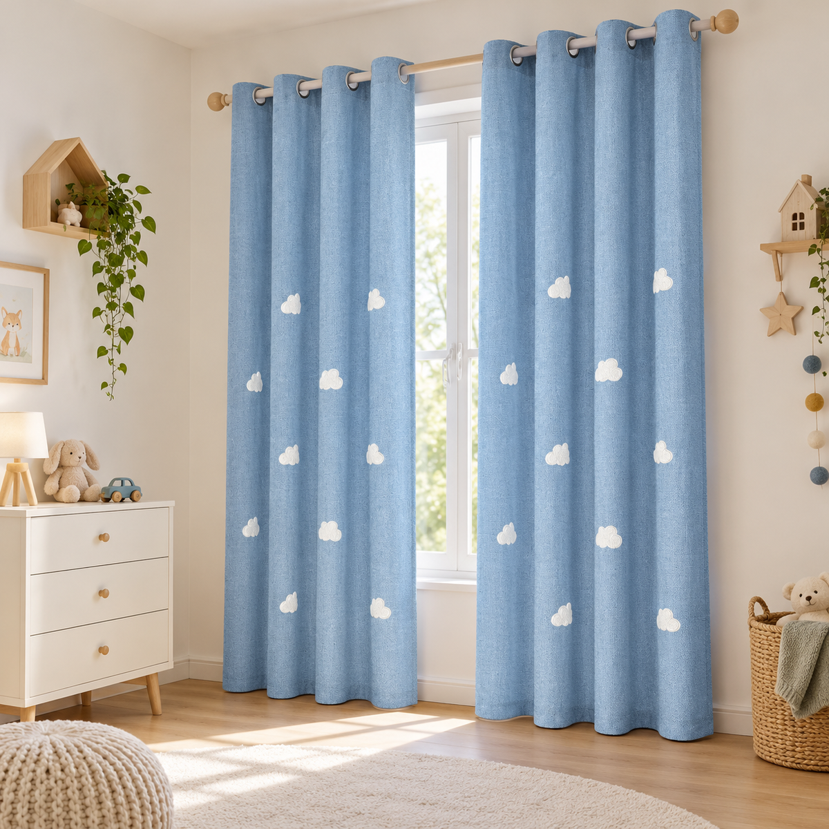 Rideau tamisant bleu doux à nuages brodés en relief – seconde mise en situation