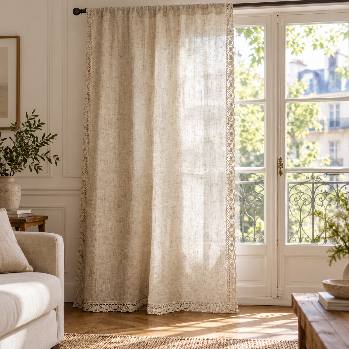 Rideau bohème beige à pampilles ou bordure dentelle – vue principale en décor