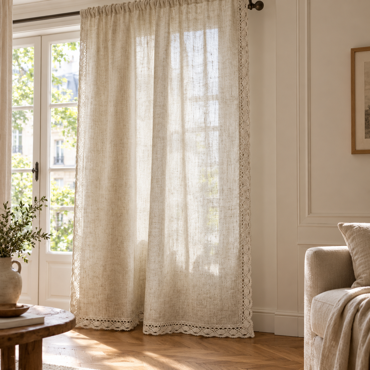 Rideau bohème beige à pampilles ou bordure dentelle – seconde mise en situation
