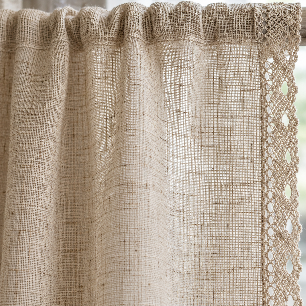Rideau bohème beige à pampilles ou bordure dentelle – détail de la matière