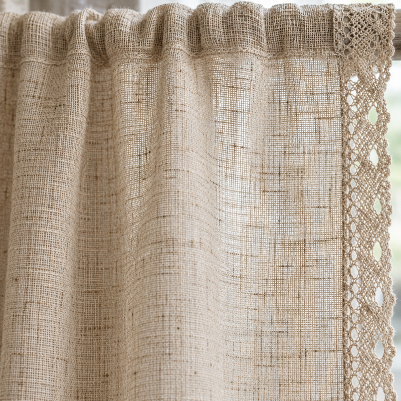 Rideau bohème beige à pampilles ou bordure dentelle – détail de la matière