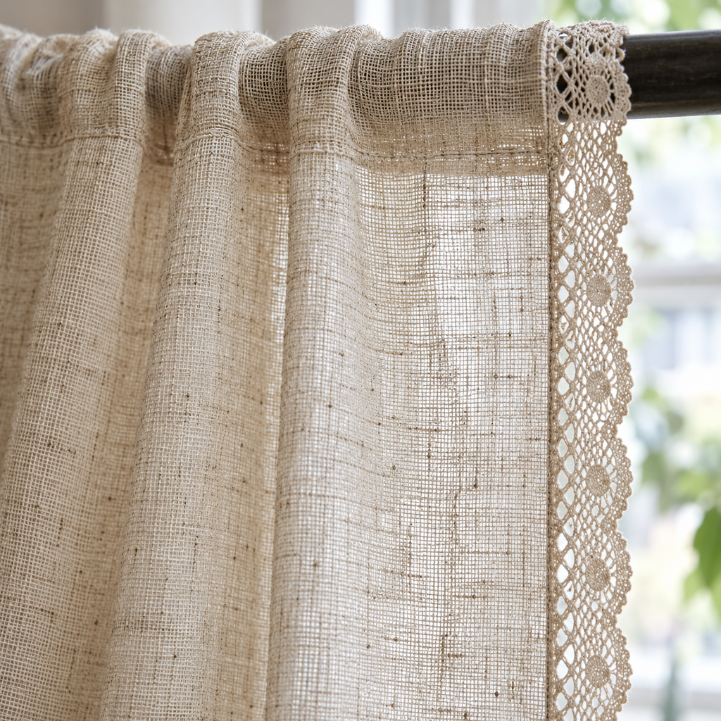 Rideau bohème beige à pampilles ou bordure dentelle – détail des finitions