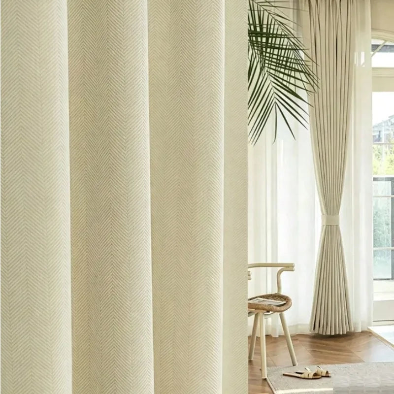 Rideau chenille à chevrons blanc cassé à œillets – Blanc cassé – mise en situation