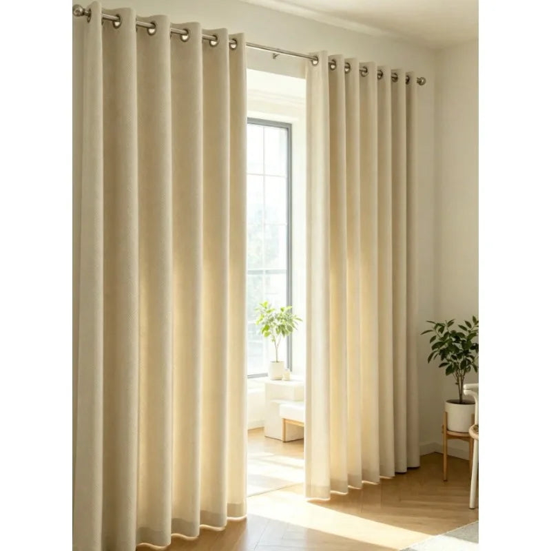 Rideau chenille à chevrons blanc cassé à œillets – Blanc cassé – vue entière