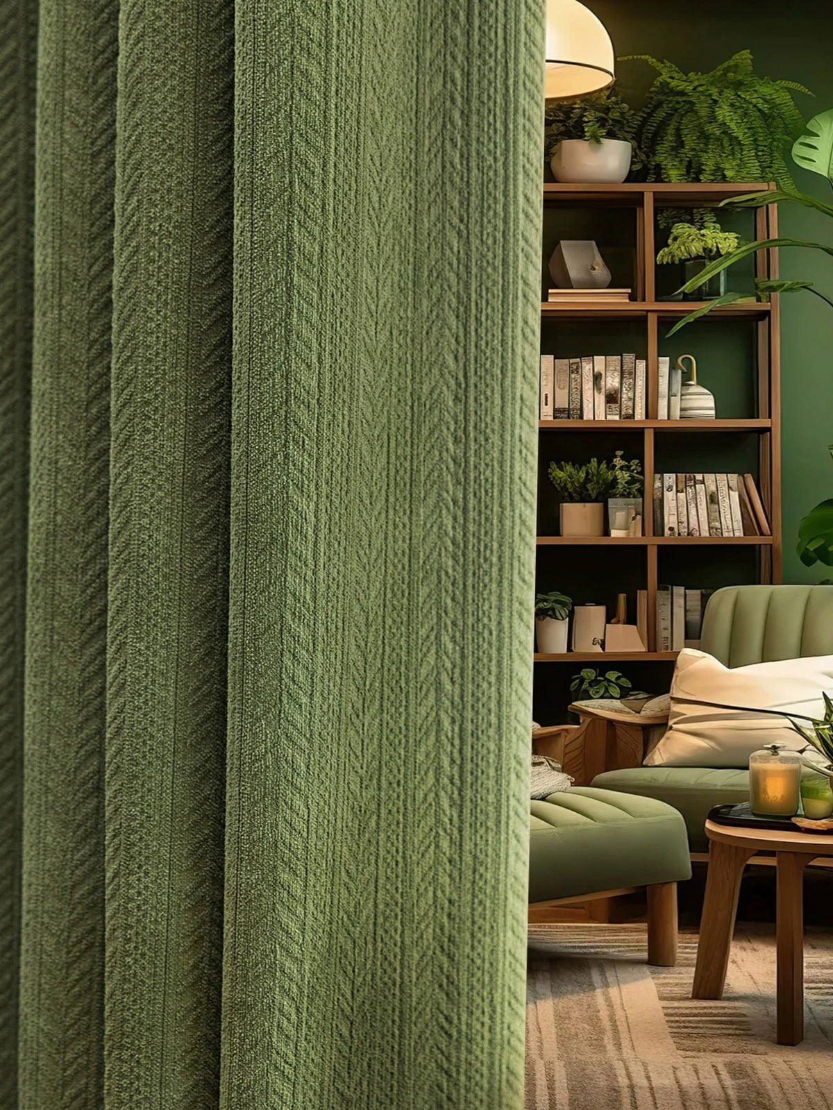 Rideau chenille épais vert olive à motif épis – Vert olive – mise en situation