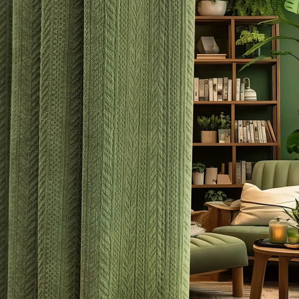 Rideau chenille épais vert olive à motif épis – Vert olive – vue entière
