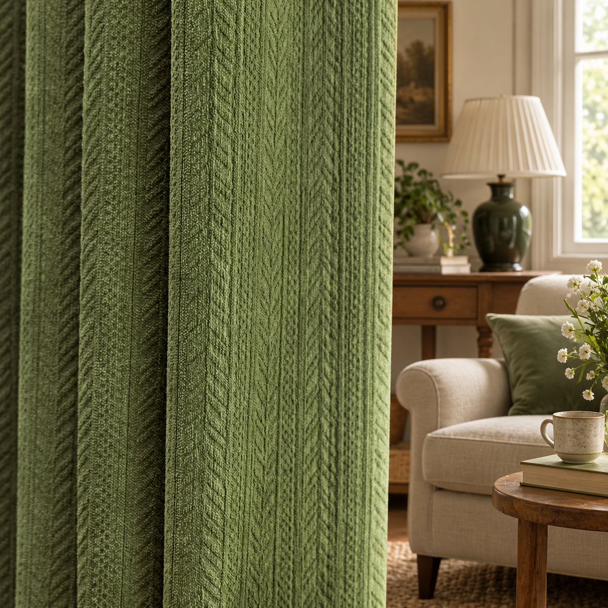 Rideau chenille épais vert olive à motif épis, vue en situation