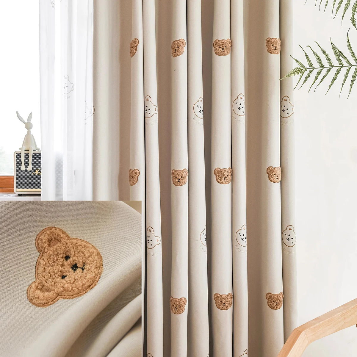 Rideau enfant brodé oursons – voilage blanc ou rideau tamisant beige – vue complémentaire 5