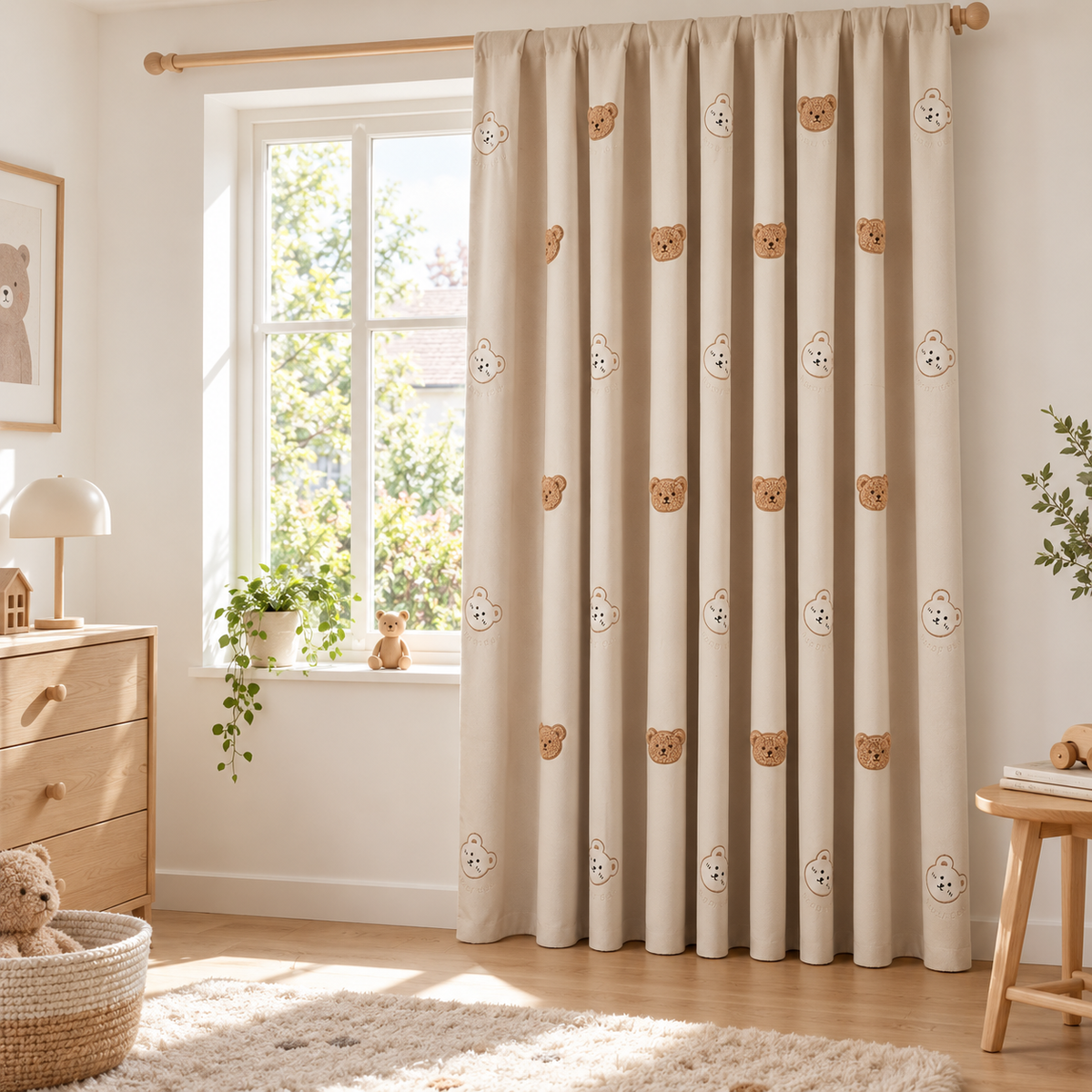 Rideau enfant brodé oursons – voilage blanc ou rideau tamisant beige – vue principale en décor