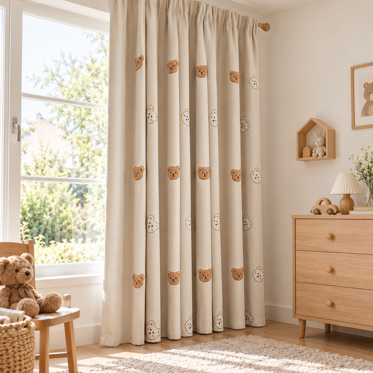 Rideau enfant brodé oursons – voilage blanc ou rideau tamisant beige – seconde mise en situation