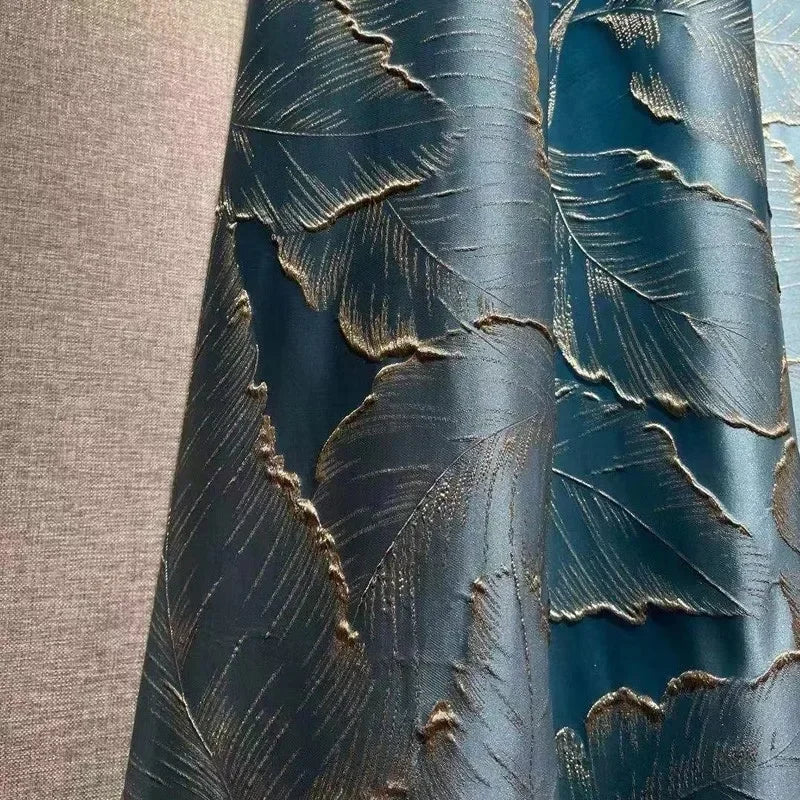 Rideau jacquard feuilles en relief doré – Bleu nuit – détail tissu