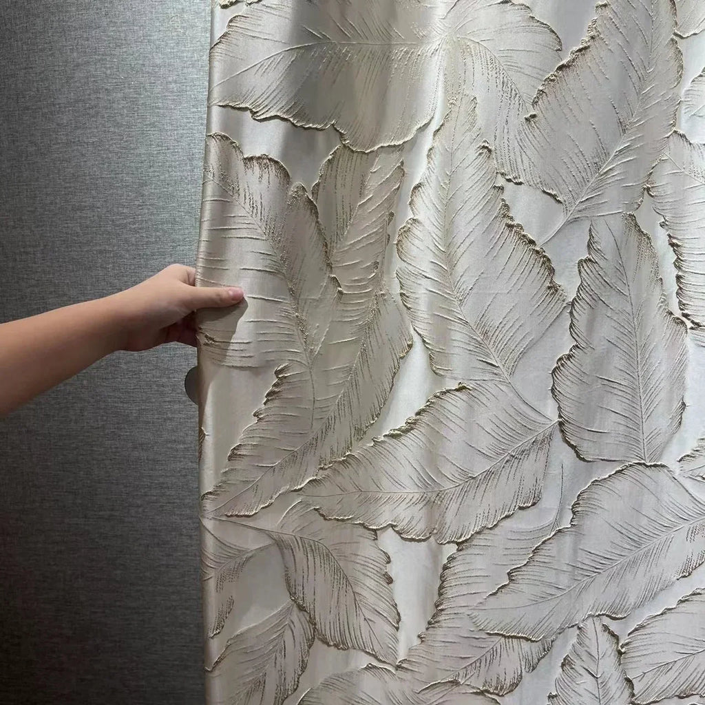 Rideau jacquard feuilles en relief doré – Beige – détail tissu