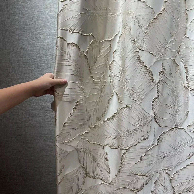 Rideau jacquard feuilles en relief doré – Beige – détail tissu