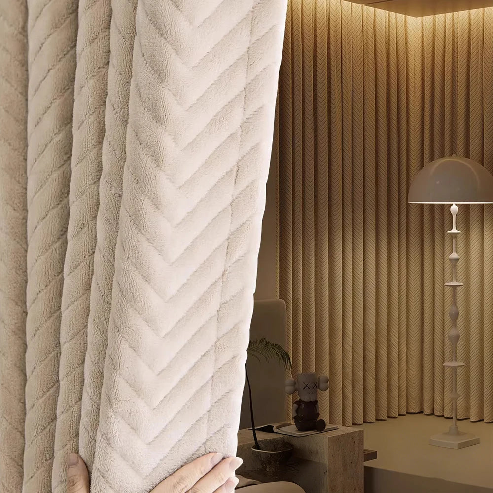 Rideau occultant à chevrons effet peluche – Beige – détail tissu