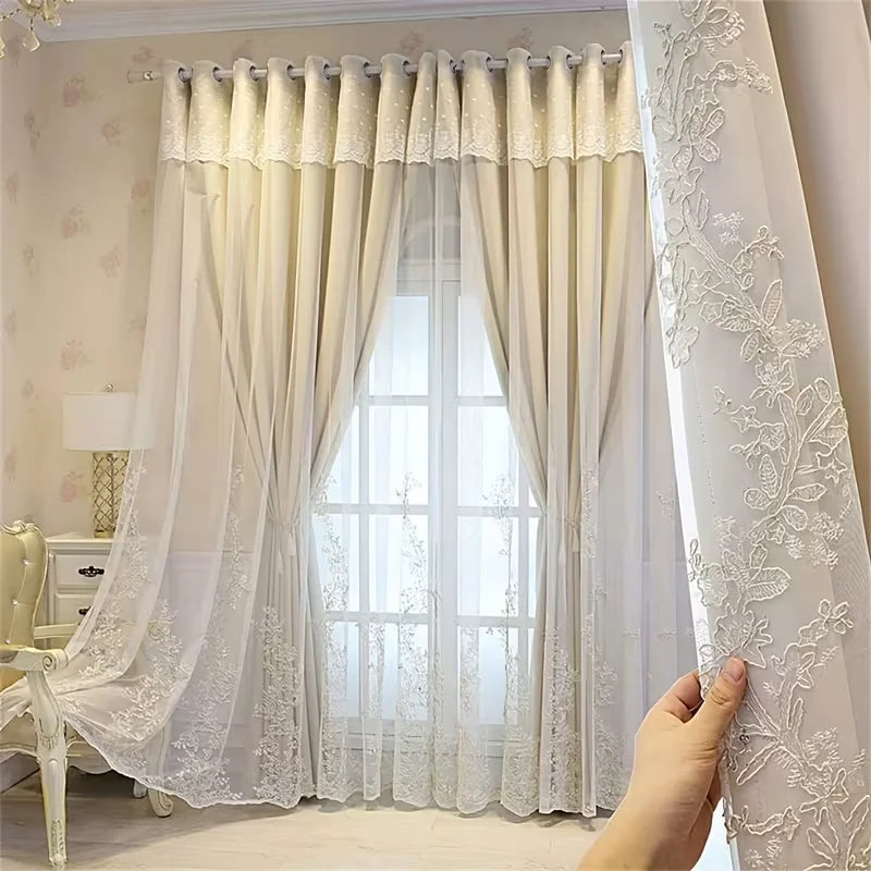 Rideau occultant avec voilage brodé intégré – Beige – détail tissu