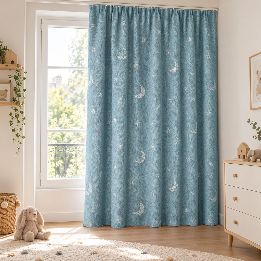 Rideau occultant bleu doux motif lunes et étoiles – vue principale en décor