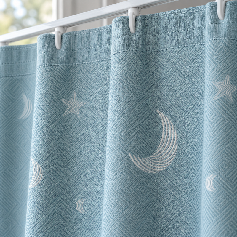 Rideau occultant bleu doux motif lunes et étoiles – détail des finitions